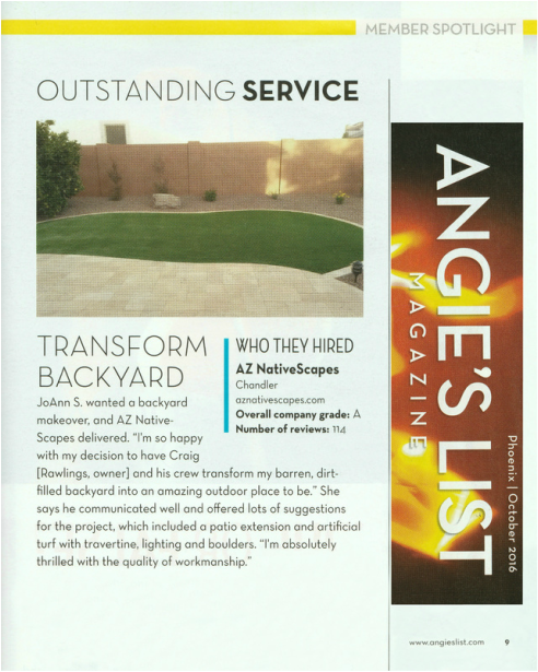 Member Spotlight on Outstanding Service in Angie's List Magazine October 2016 Applauding AZ NativeScapes
